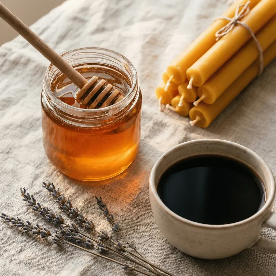 Flat lay of artisanal honey, beeswax candles, and coffee on a textured linen tablecloth