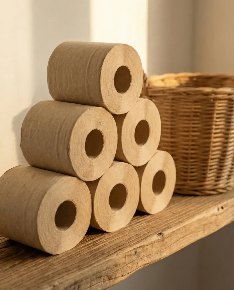 Stack of unwrapped, unbleached bamboo toilet paper rolls on a rustic wooden shelf